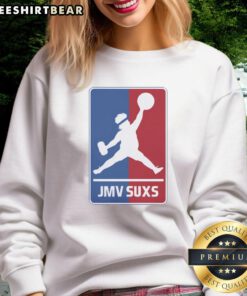 Overweight baseball pitcher wearing an Awesome JMV Suxs MLB Jumpman parody sweatshirt, showcasing a fun sports style.