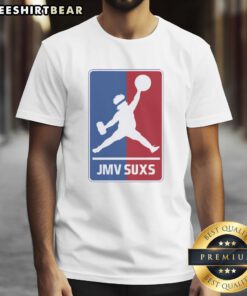 Overweight baseball pitcher wearing 'Awesome Jmv Jmv Suxs MLB Jumpman Parody' T-shirt, showcasing a humorous design.
