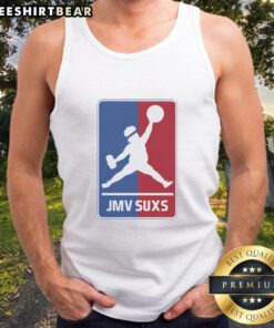 Overweight baseball pitcher wearing an Awesome JMV Suxs MLB Jumpman parody tank top, showcasing a fun sports vibe.
