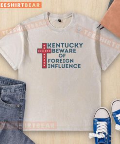 Patriotic Christian cross washed t-shirt featuring Kentucky 'Beware of Foreign Influence' design with stars.