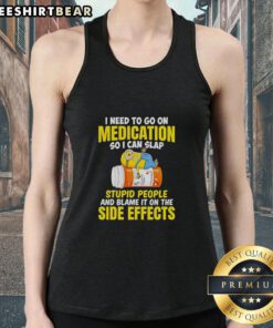 Awesome Minion in a tank top humorously expressing the need for medication to handle annoying people.