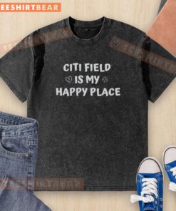 Awesome New York Mets Citi Field is My Happy Place washed t-shirt displayed on a wooden background.