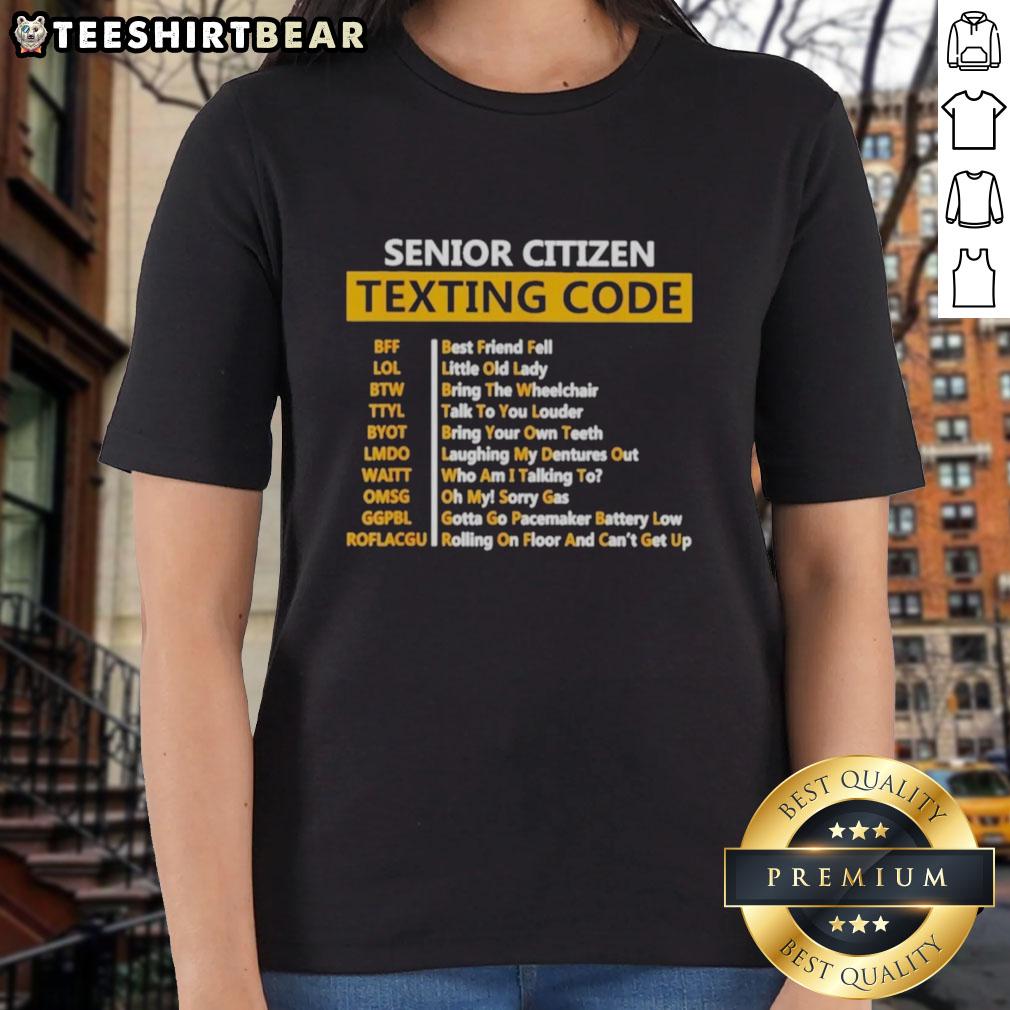 Awesome senior citizens texting in fun 'Code Ladies' tee, showcasing tech-savvy lifestyle and vibrant spirit.