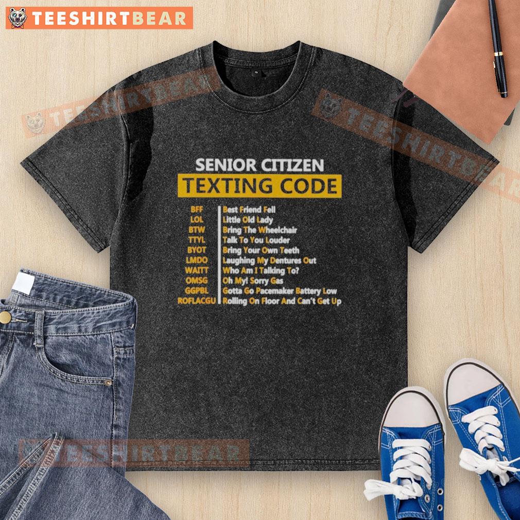 Awesome senior citizens texting while wearing a stylish washed t-shirt, showcasing fun and connectivity for older adults.