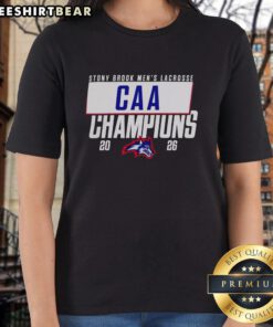 Ladies tee showcasing the Awesome Stony Brook Seawolves 2026 CAA Men's Lacrosse Champions design.