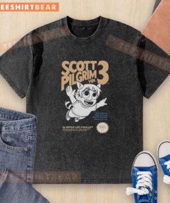 Scott Pilgrim Vol 3 washed t-shirt featuring vibrant artwork from 'Awesome: The Biggest Adventure' comic series.