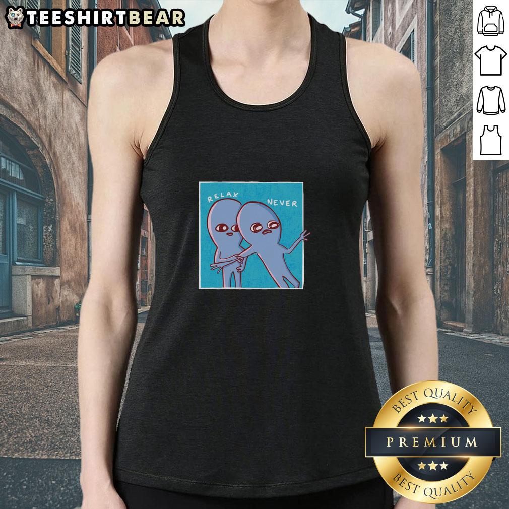 Two cute aliens relax on a strange planet, featured on a Nathan W. Pyle tank top, showcasing whimsical extraterrestrial art.