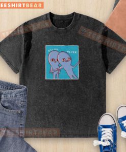 Two cute aliens relaxing on a strange planet, wearing a Nathan W. Pyle washed t-shirt, showcasing whimsical art.
