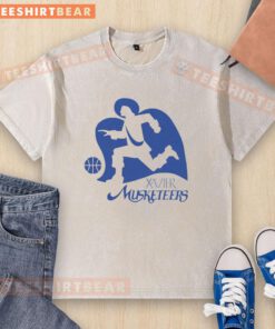 Alt Text: Awesome Xavier Musketeers Basketball 2026 Logo V2 on a washed t-shirt showcasing team spirit and style.