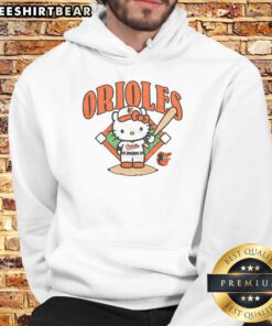 Alt Text: Cute Baltimore Orioles Hello Kitty hoodie featuring a playful design, perfect for fans and fashion lovers alike.