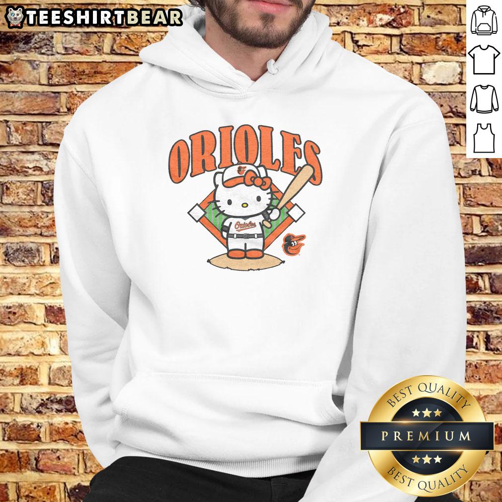 Alt Text: Cute Baltimore Orioles Hello Kitty hoodie featuring a playful design, perfect for fans and fashion lovers alike.