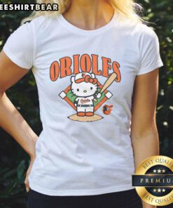 Alt Text: Cute Baltimore Orioles Hello Kitty ladies tee featuring a playful design, perfect for fans and fashion lovers alike.