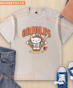 Cute Baltimore Orioles Hello Kitty washed t-shirt featuring a playful design for fans and fashion lovers.