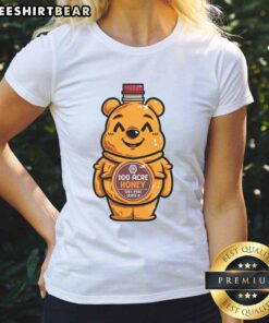 Cute bear holding a honey bottle on a ladies tee, perfect for animal lovers and casual wear enthusiasts.