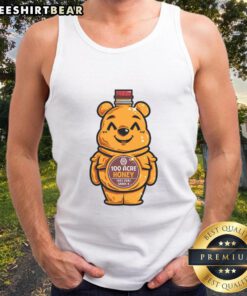 Alt Text: Cute bear graphic on a honey bottle tank top, perfect for casual wear and bee lovers.