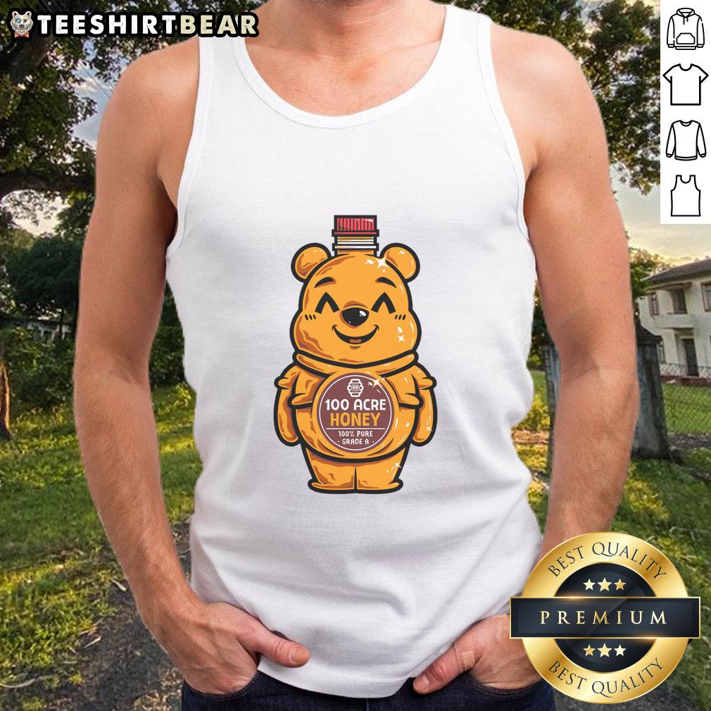Alt Text: Cute bear graphic on a honey bottle tank top, perfect for casual wear and bee lovers.