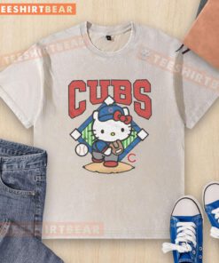 Cute Chicago Cubs Hello Kitty washed t-shirt featuring a playful design, perfect for baseball fans and Hello Kitty lovers.