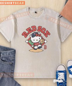 Cute Hello Kitty x Boston Red Sox throw washed t-shirt featuring playful design and vibrant colors for fans.