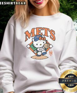 Adorable Cute Hello Kitty x New York Mets throw sweatshirt design featuring a playful Hello Kitty in Mets colors.