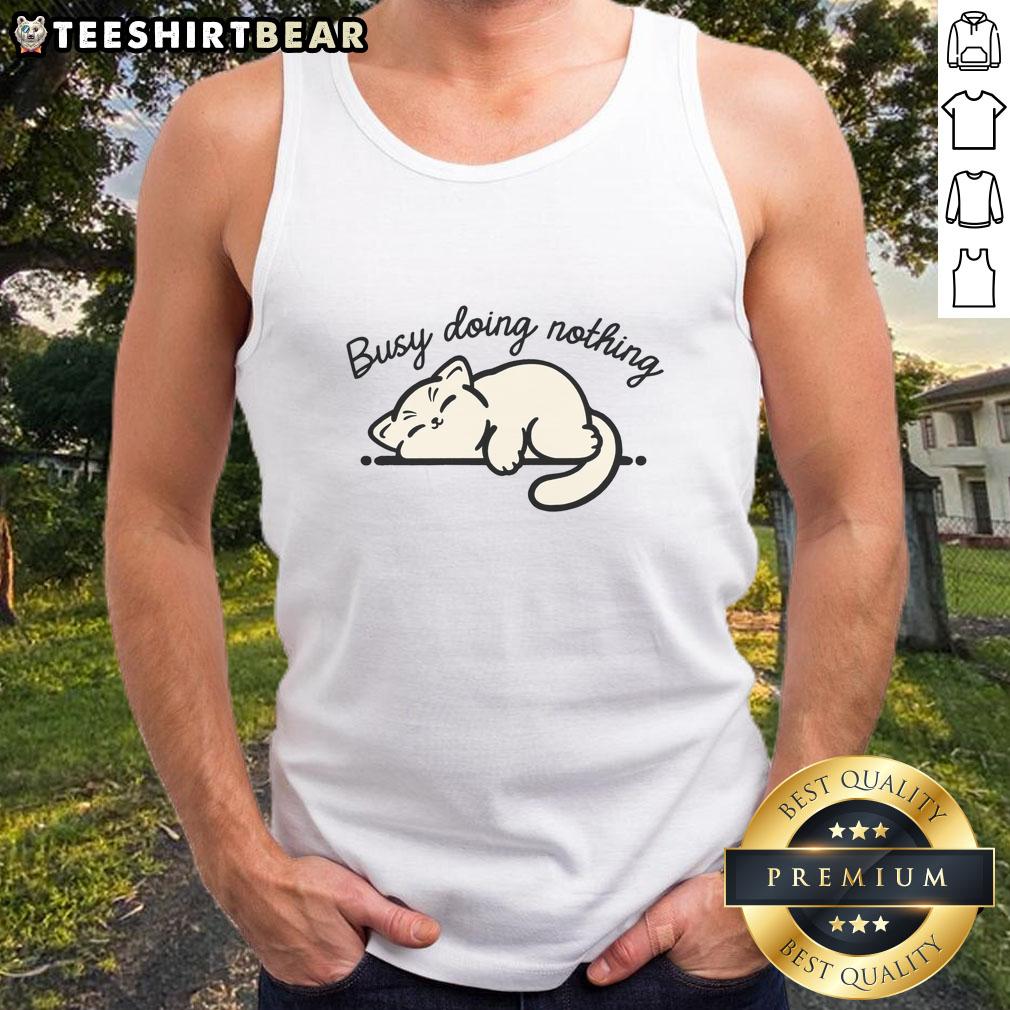 Cute kitty lounging lazily in a tank top, embodying the essence of being busy doing nothing in a playful pose.