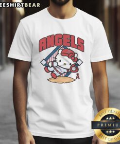 Alt Text: Cute Los Angeles Angels Hello Kitty T-Shirt featuring Hello Kitty in Angels gear, perfect for fans and collectors.
