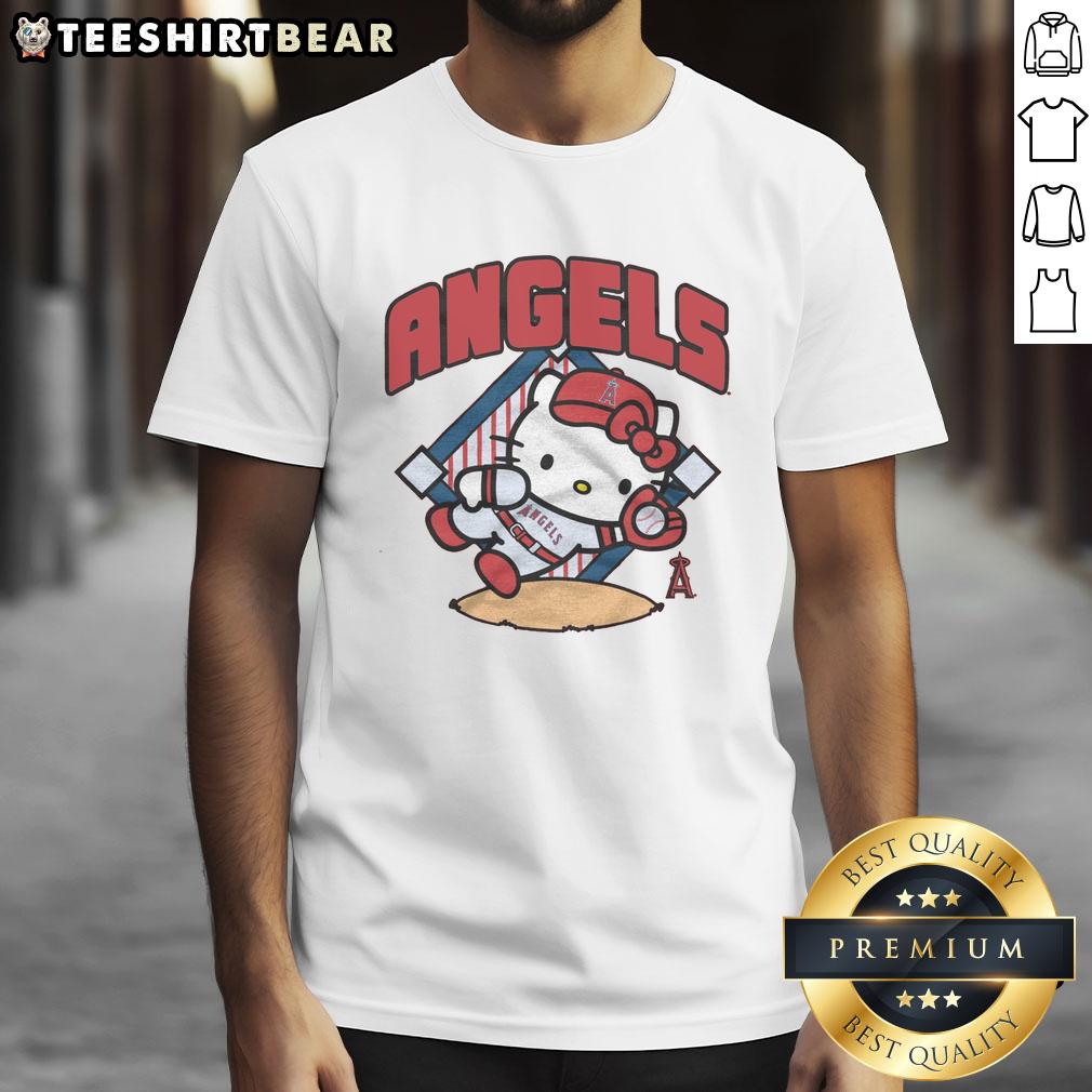 Alt Text: Cute Los Angeles Angels Hello Kitty T-Shirt featuring Hello Kitty in Angels gear, perfect for fans and collectors.