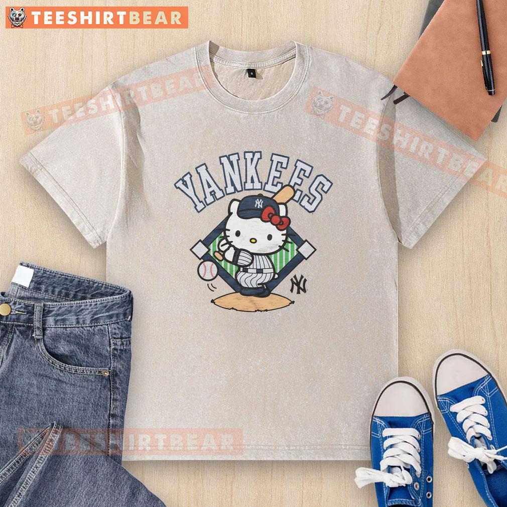 Alt Text: Cute New York Yankees Hello Kitty washed t-shirt featuring a playful design, perfect for fans and casual wear.