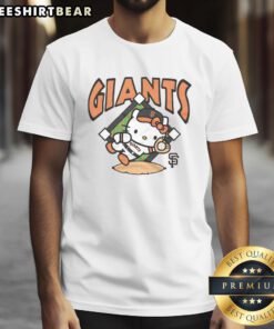 Alt Text: Cute orange San Francisco Giants Hello Kitty T-shirt featuring a playful design perfect for fans and collectors.