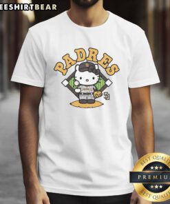 Alt Text: Cute San Diego Padres Hello Kitty T-Shirt featuring a playful design perfect for baseball fans and Hello Kitty lovers.
