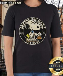 Cute Snoopy science-themed ladies tee featuring Snoopy and a whimsical design, perfect for science lovers.