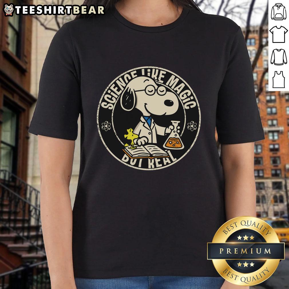 Cute Snoopy science-themed ladies tee featuring Snoopy and a whimsical design, perfect for science lovers.