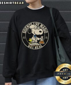 Alt Text: Cute Snoopy science sweatshirt featuring whimsical design, blending magic and reality for a fun, cozy look.