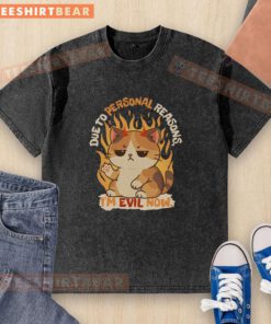 Funny 'Due to Personal Reasons, I'm Evil Now' washed t-shirt featuring a humorous design perfect for casual wear.