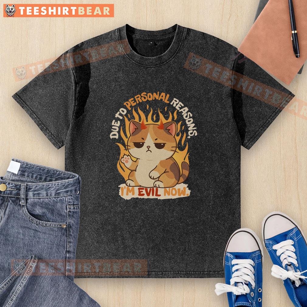 Funny 'Due to Personal Reasons, I'm Evil Now' washed t-shirt featuring a humorous design perfect for casual wear.
