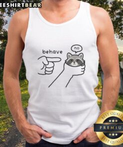 Whimsical sketch of a rebellious raccoon with the text 'Good Behave No' on a meme-inspired tank top design.