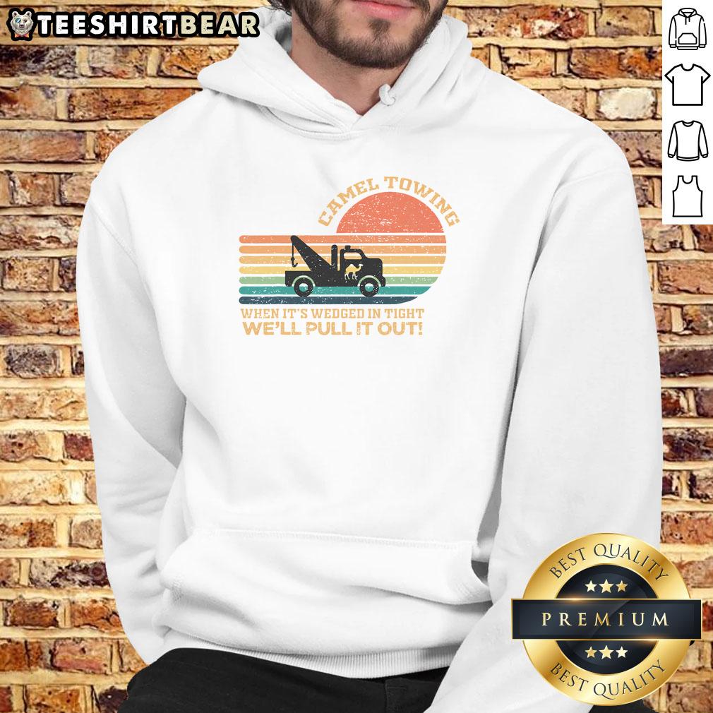 Funny hoodie featuring 'Good Camel Towing' retro adult humor saying, perfect for casual wear and laughter.
