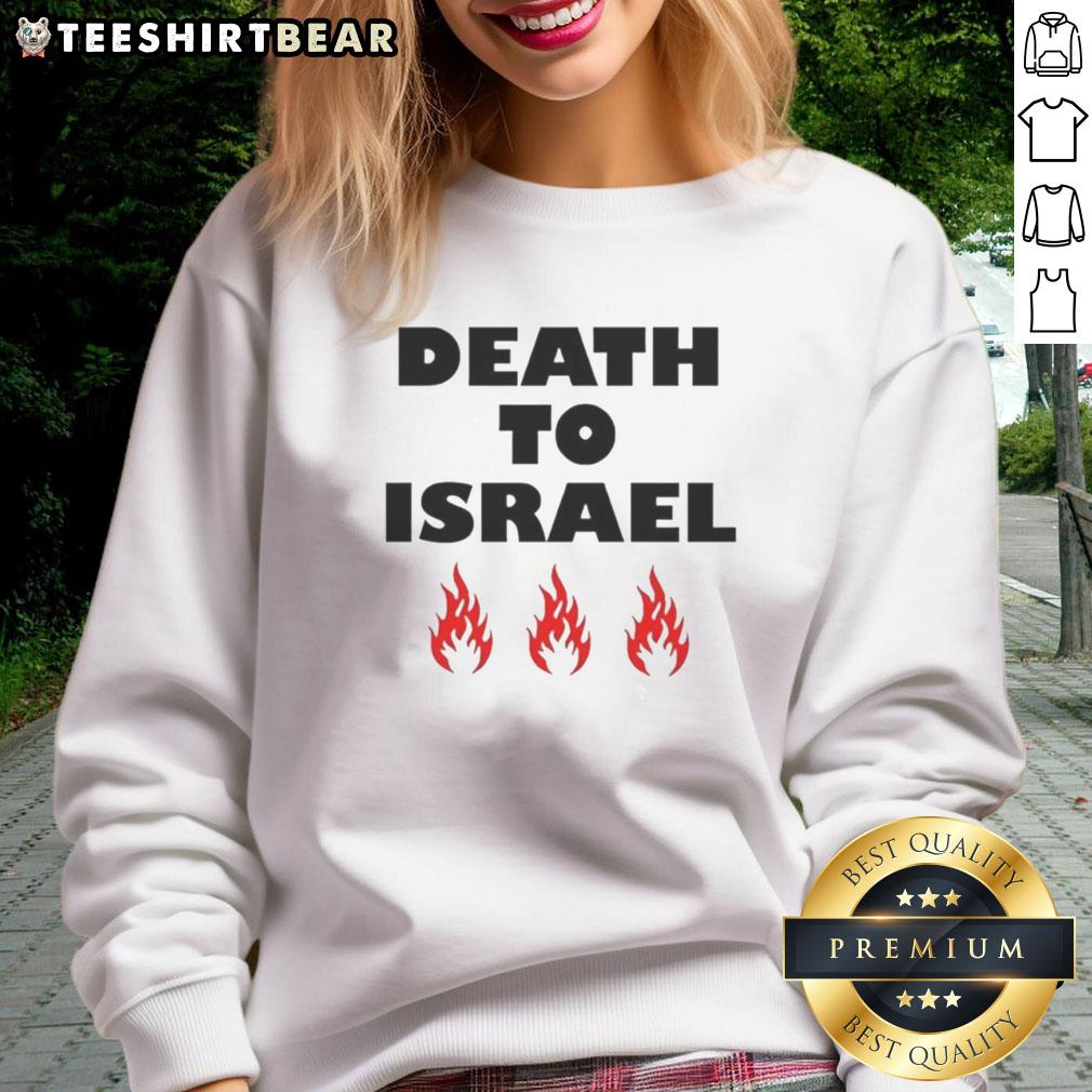 Good Death to Israel fire icon sweatshirt featuring bold graphics and vibrant colors, perfect for making a statement.