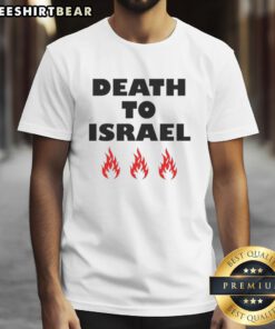 Good Death To Israel Fire Icon T-Shirt featuring bold graphics and vibrant colors for impactful statement wear.