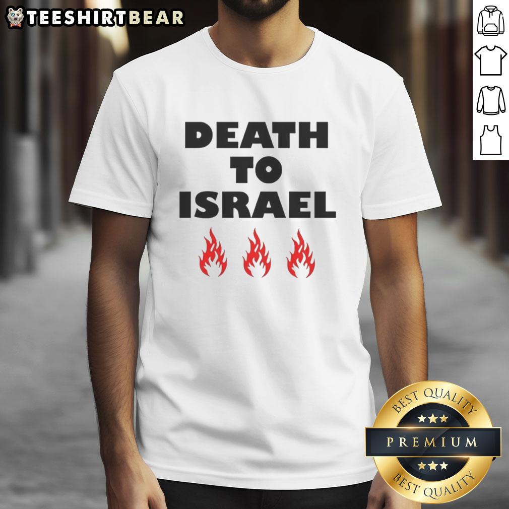 Good Death To Israel Fire Icon T-Shirt featuring bold graphics and vibrant colors for impactful statement wear.