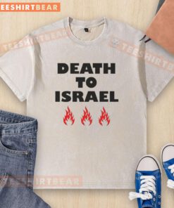 Good Death to Israel fire icon graphic on a washed t-shirt, showcasing bold protest art and streetwear fashion.
