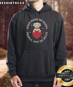 Happy person wearing a 'Good Dogs Make Me Happy' hoodie, showcasing love for dogs and cozy fashion style.
