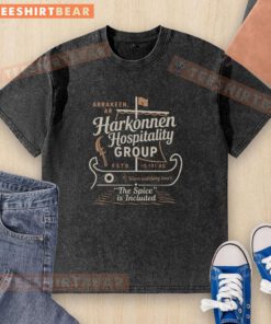 Good Harkonnen Hospitality Group washed t-shirt featuring a vintage design and soft fabric, perfect for casual wear.