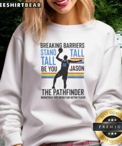Alt Text: Good Jason 98 The Pathfinder Breaking Barriers Stand Tall sweatshirt in navy blue, inspiring design for motivation.