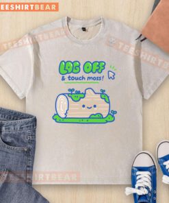 Alt Text: Cute washed t-shirt featuring Good Log Off And Touch Moss slogan, perfect for nature lovers and casual wear.