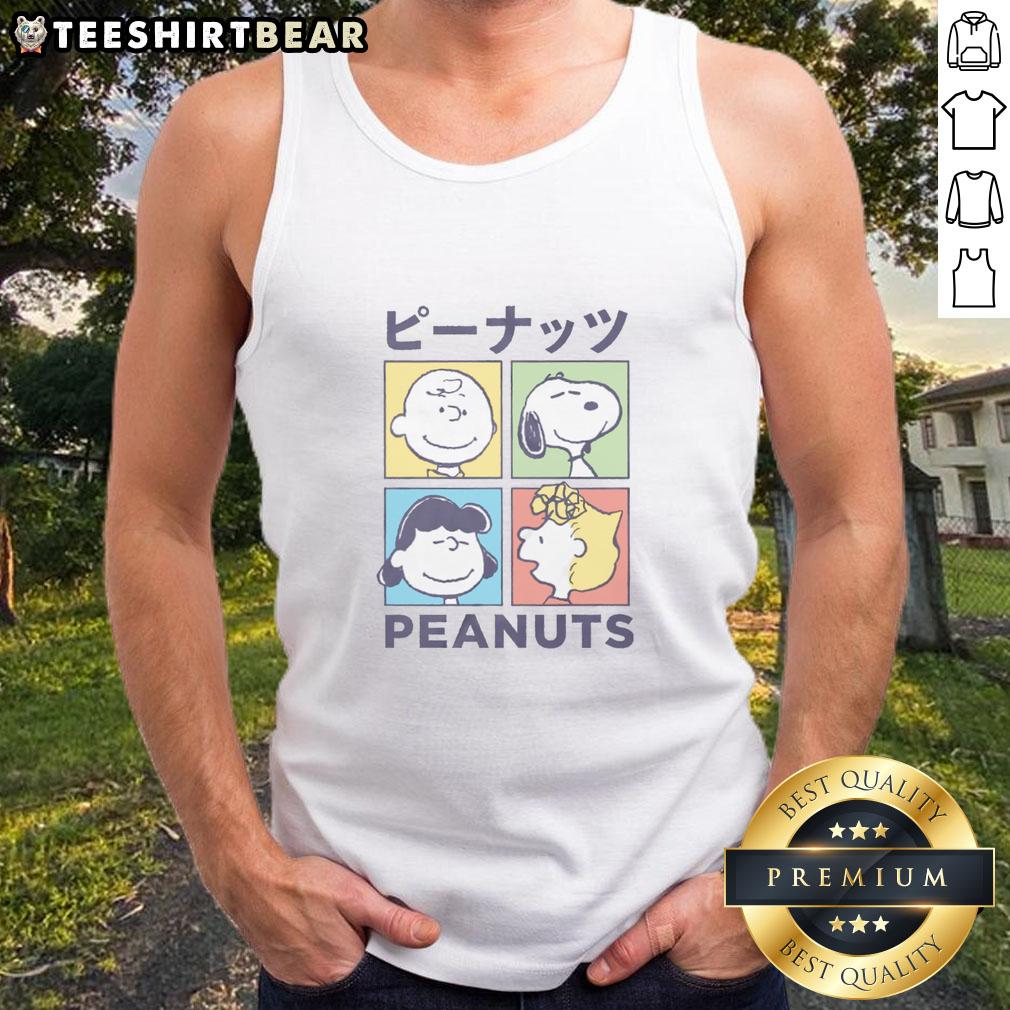Good Peanuts Kanji character color tiles design on a stylish tank top, perfect for casual and trendy outfits.