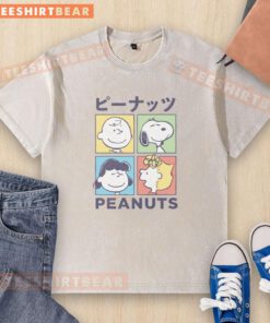 Good Peanuts Kanji character color tiles on a washed t-shirt, showcasing vibrant design and playful style.