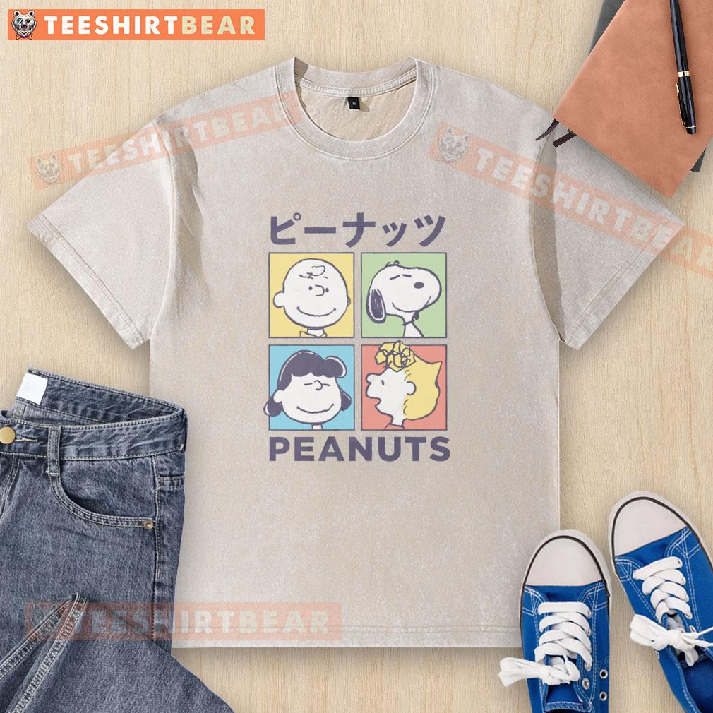 Good Peanuts Kanji character color tiles on a washed t-shirt, showcasing vibrant design and playful style.