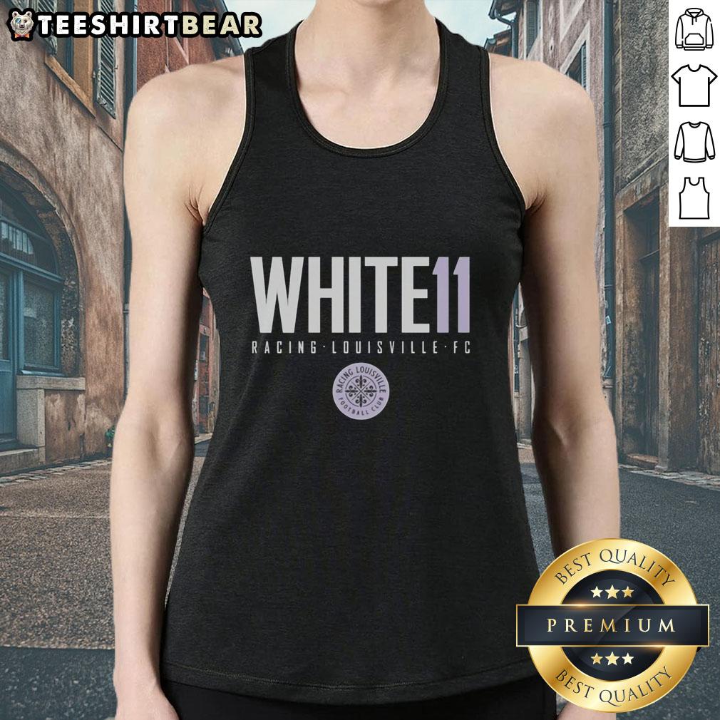 Good White 11 Racing Louisville FC Tank Top featuring vibrant team colors and logo, perfect for fans and casual wear.