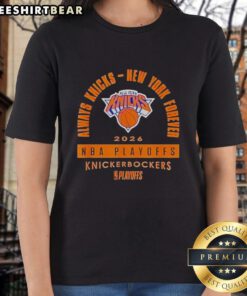 Alt Text: Hot Always Knicks New York Forever 2026 NBA Playoffs Knickerbockers Ladies Tee in vibrant blue and orange design.