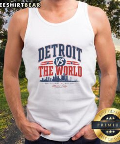 Hot Detroit Pistons vs The World tank top featuring Motor City skyline design, perfect for fans and summer style.